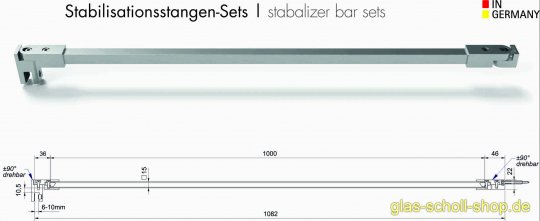 kürzbare drehbare quadr. Stabilisierungsstange 15x15 GLAS-WAND (SET) 