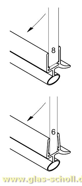 unteres Wasserabweisprofil mit 135° Lippe und Rundbalg (1000mm) 6-8mm Glas 