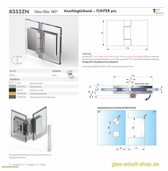 FlinterPro Duschtürband Glas-Glas 180° nach außen öffnend glanzverchromt
