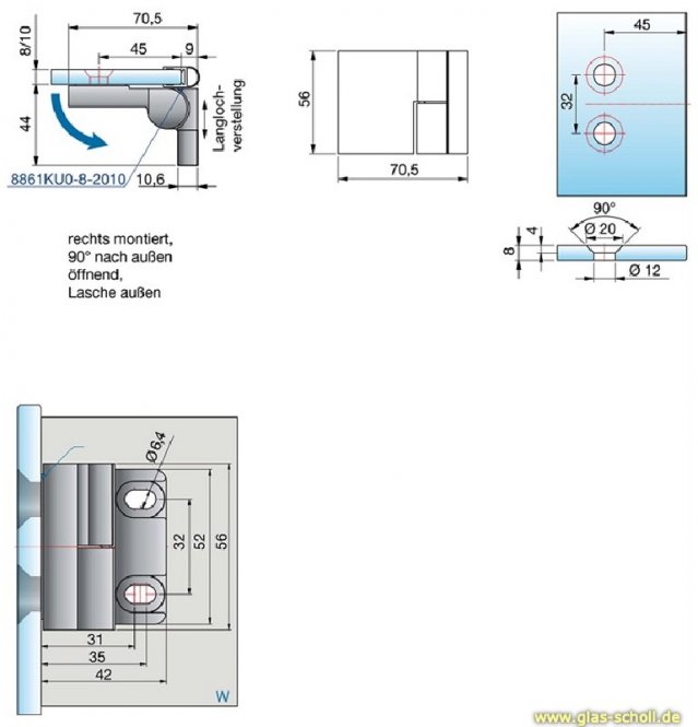 Nivello+ 90° Glas-Wand RECHTS Hebe-Senk AUSSENBEFESTIGUNG flächenbündig Anschlag glanzverchromt