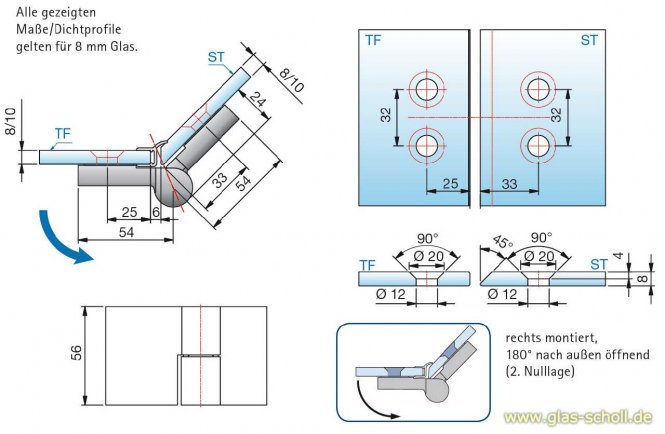 Nivello+ 135° Glas-Glas RECHTS Hebe-Senk flächenbündig Anschlag glanzverchromt