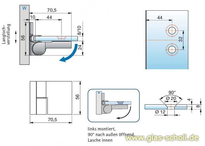 Nivello+ 90° Glas-Wand LINKS Hebe-Senk INNENBEFESTIGUNG flächenbündig Anschlag glanzverchromt