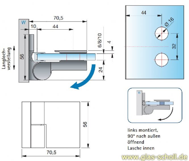 Nivello 90° Glas-Wand LINKS Hebe-Senk INNENBEFESTIGUNG Anschlag glanzverchromt