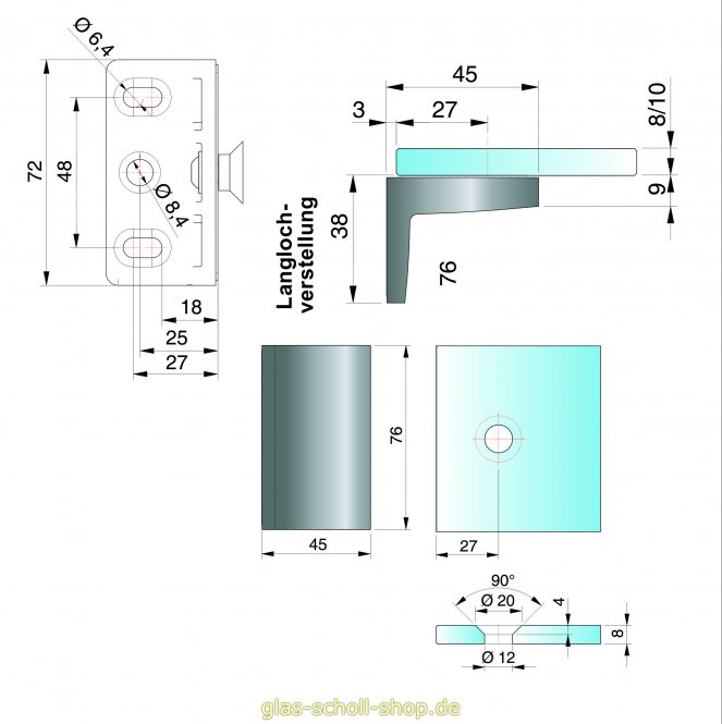 Pavone Winkelverbinder Glas-Wand 90° flächenbündig glanzverchromt