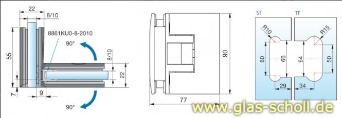 Pontere 90° Glas-Glas Duschpendeltürband glanzverchromt