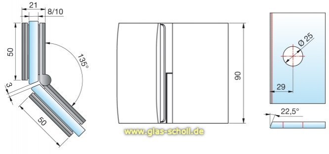 Pontere 80°-180° Glas-Glas Winkelverbinder (verstellbare Winkelgradzahl) glanzverchromt