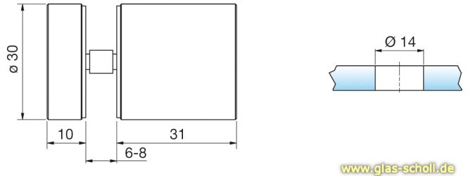 einseitiger verkürzter Türgriff d=30mm für Loch 14mm Edelstahl