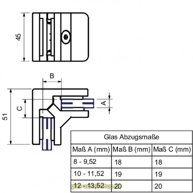 Eck-Klemmhalter Edelstahl matt, Eckklemme flach, zum Verschrauben zweier Gläser im 90° Winkel 8-9,52 mm