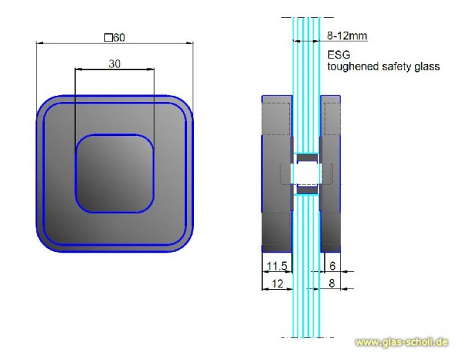 Eckige MWE Edelstahl-Griffmuschel 60x60 Loch=16mm für 8-12mm beidseitig Edelstahl geschliffen