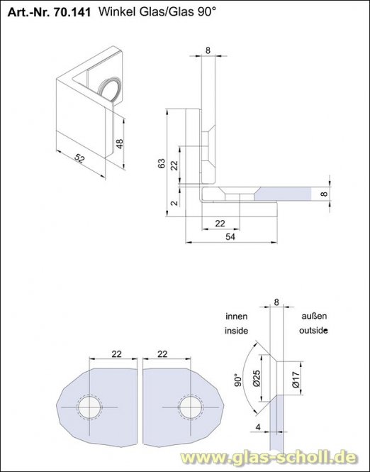 GRAL BH2401 flächenbündiger Glas-Glas Winkelbeschlag glanzverchromt