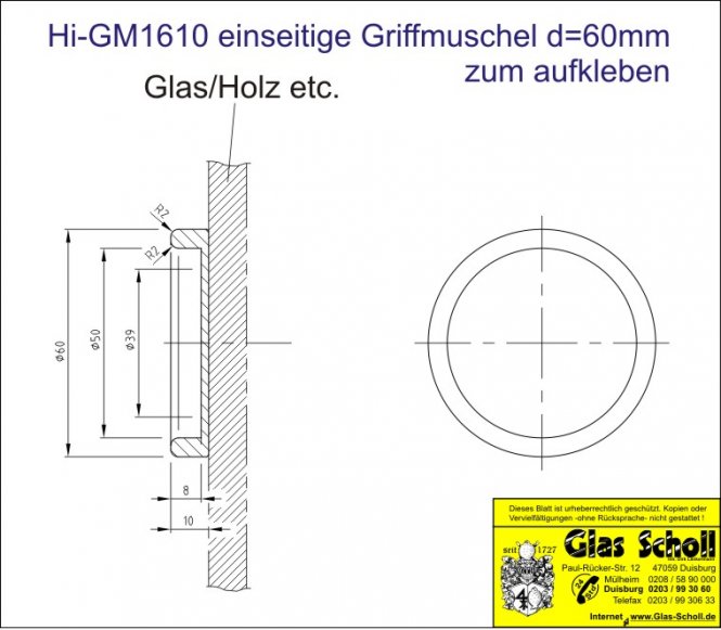 einseitige aufklebbare Edelstahl Griffmuschel d=60 (Stk kein Paar) Edelstahl geschliffen