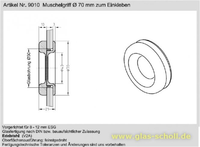 runde Edelstahl-Griffmuschel d=70 für Loch=50 einseitig flach 