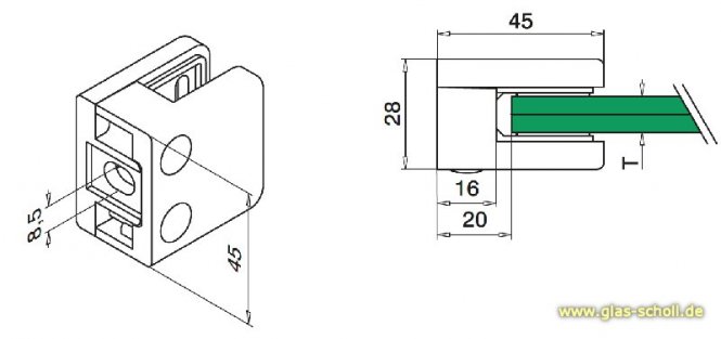 4x Glasklemmenhalter Edelstahl 45x45 eckig für Vierkantprofil (4er-Set) gebürstet