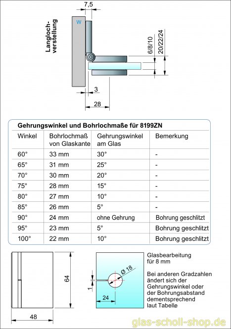 Flamea+ Winkelverbinder 90° Glas-Wand stufenlos von 60-100° verstellbar (verdeckte Verschraubung) Edelstahloptik