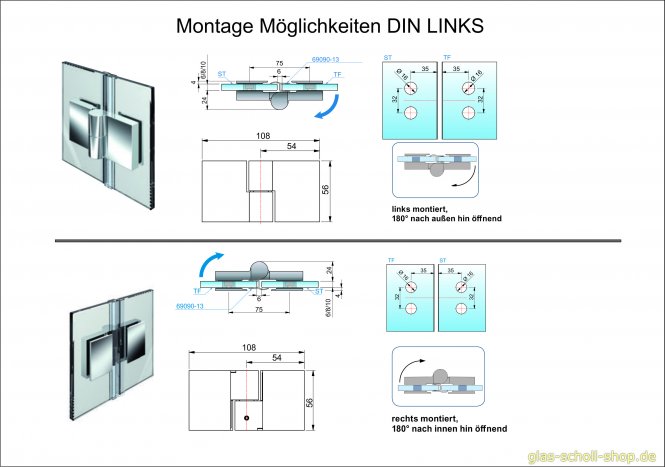 Nivello 180° Glas-Glas wählbar in DIN RECHTS/LINKS Hebe-Senk-Anschlag Duschtürband glanzverchromt