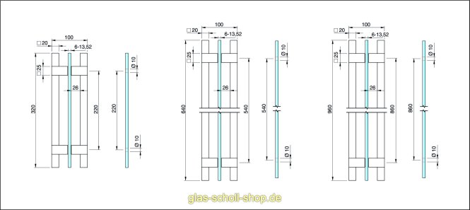 Glastürgriff beidseitig für 6-13,52 mm Glas inn verschiedenen Längen glanzverchromt Länge 320