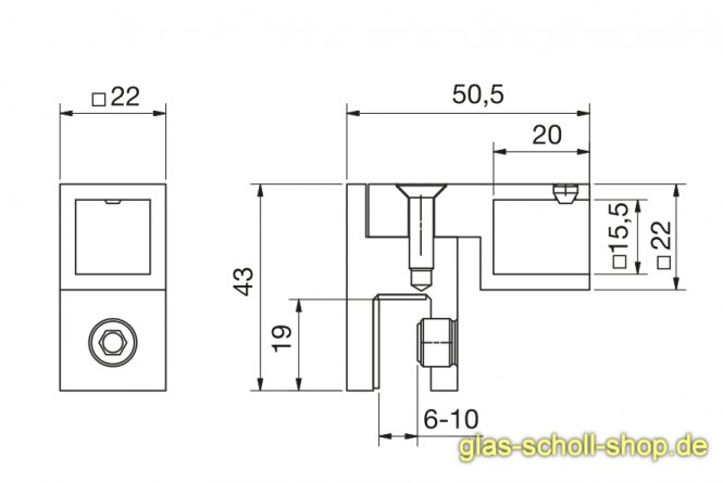 drehbarer Glas-Adapter für quadr. Stabilisierungsstange 15x15 glanzverchromt