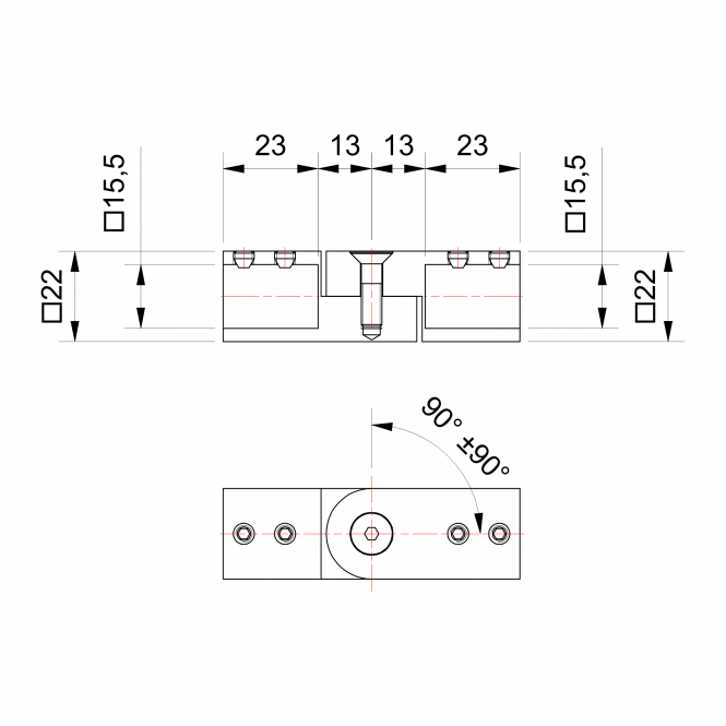 Eckverbinder verstellbar 90-180° für quadr. Stabilisierungsstange 15x15 glanzverchromt