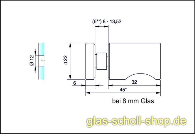 eckiger einseitiger Glastürknopf für 8-13,52 mm Glas für 12 mm Bohrung glanzverchromt
