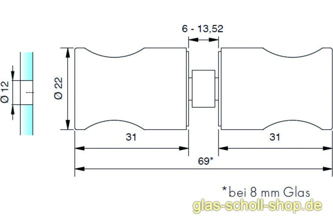runder beidseitiger Glastürknopf für 6-13,52 mm Glas für 12 mm Bohrung glanzverchromt