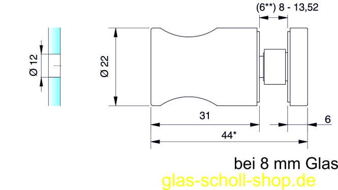 runder einseitiger Glastürknopf für 8-13,52 mm Glas für 12 mm Bohrung glanzverchromt