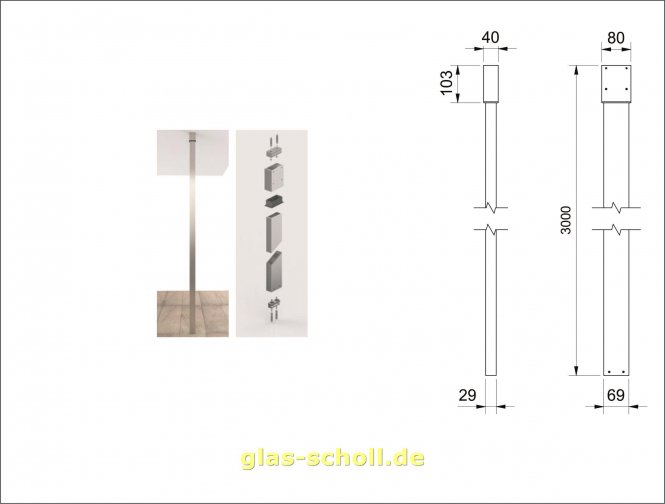 Boden-Decken-Spanner Trennwandstütze glanzeloxiert