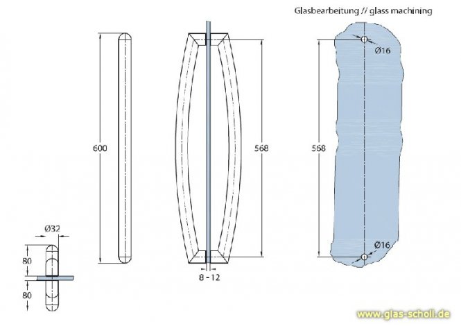 beidseitiger gebogene Edelstahl U-Stoßgriff für 8-12 mm Glas poliert
