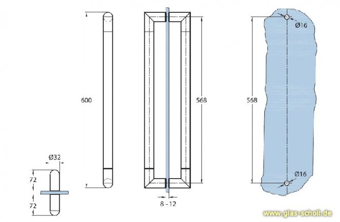 beidseitiger Edelstahl U-Türgriff für 8-12 mm Glas matt gebürstet