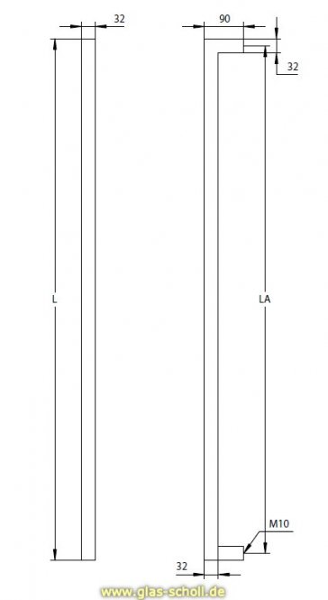 einseitiger Edelstahl Stoßgriff matt, zur geraden Montage  für 8-12 mm Glas 