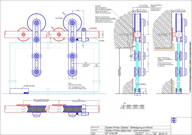 MWE ProTec Schiebetürsystem für Glastüren l=1990 d=25mm 