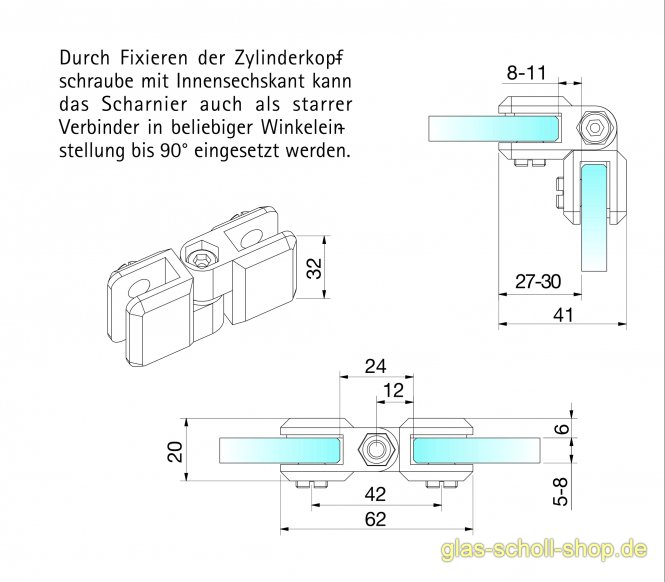 SET aus 4x flexibler Glasverbinder für Glasscheiben Zink roh (4 Stück)
