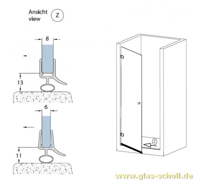 unteres Wasserabweisprofil mit 135° Lippe und Rundbalg (1000mm) 6-8mm Glas 