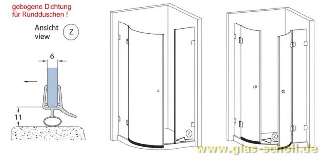 GEBOGENE untere Dichtung FÜR RUNDDUSCHEN (1150-1200 mm) 6-8mm Glas 