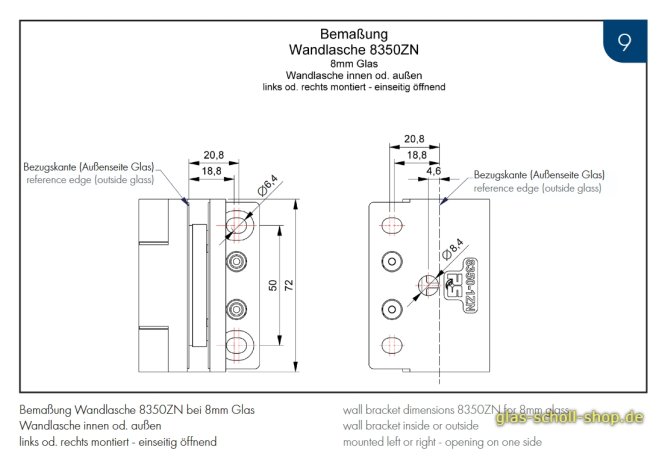 FlinterPro Duschtürband Glas-Wand 90° nach außen öffnend glanzverchromt