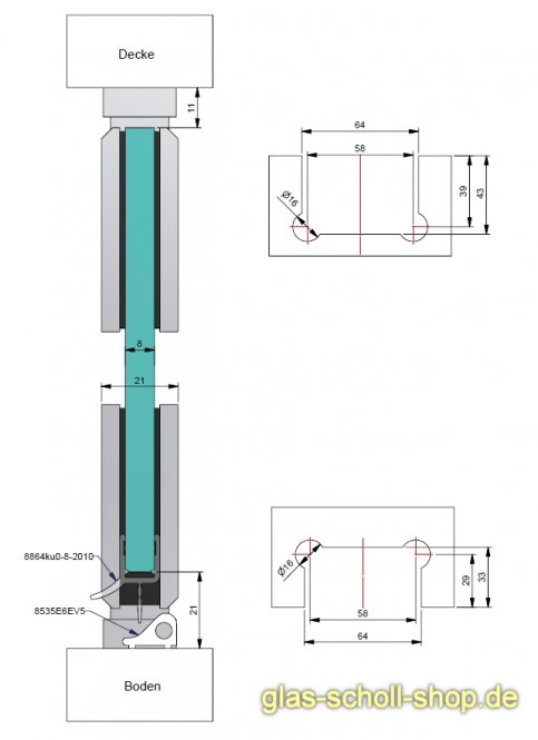 Luno-Modesta Duschpendeltürbeschlag Glas-Boden/ Glas-Decke 360° für 6-12 mm Glas glanzverchromt