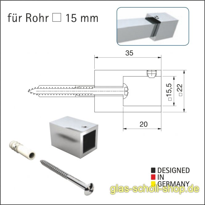 stumpfer 90° Wandadapter für quadr. Stabilisierungsstange 15x15 GLAS-WAND glanzverchromt