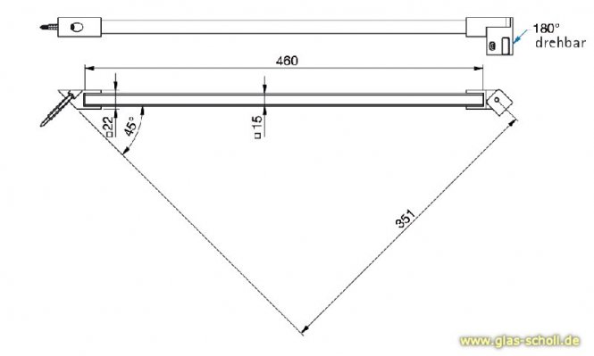quadratische 45° Stabilisierungsstange GLAS-WAND l=460 glanzverchromt (MS7)