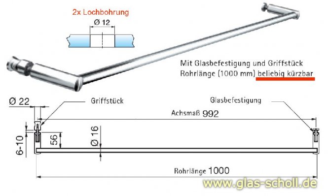 Handtuchhalter RUND mit innerem Griff für Montage im Glas 1000  mm (kürzbar) P8686-mit-Griff-erhaben