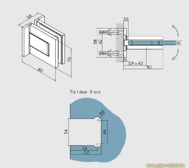 GRAL BF112 Glas-Wand Pendeltürbeschlag 90° beids.Lasche glanzverchromt