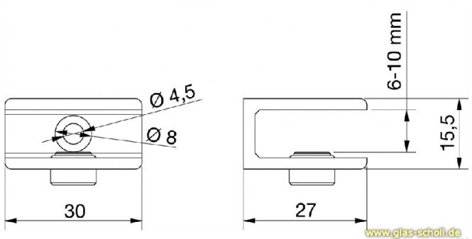 Glasplattenträger quadratisch 30x27 Glasstärke 6-10 mm glanzverchromt