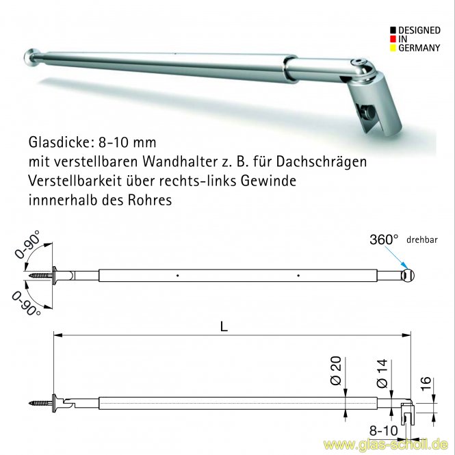 flexibel Stabistange rund 780-940 mm (verstellbar) genial für Dachschräge glanzverchromt (MS7)