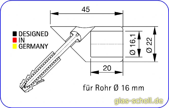 schräger 45° Wandadapter für runde Stabilisierungsstange 16mm GLAS-WAND glanzverchromt (MS7)