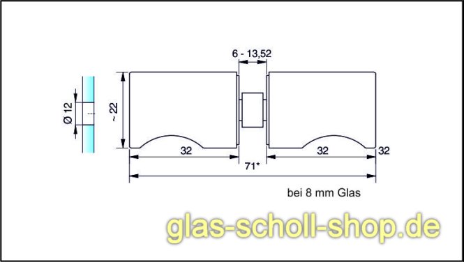 eckiger beidseitiger Glastürknopf  für 6-13,52 mm Glas für 12 mm Bohrung glanzverchromt