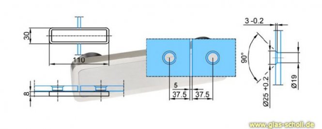 MWE Edelstahl Seitenverbinder flächenbündig Glas-Glas geschliffen