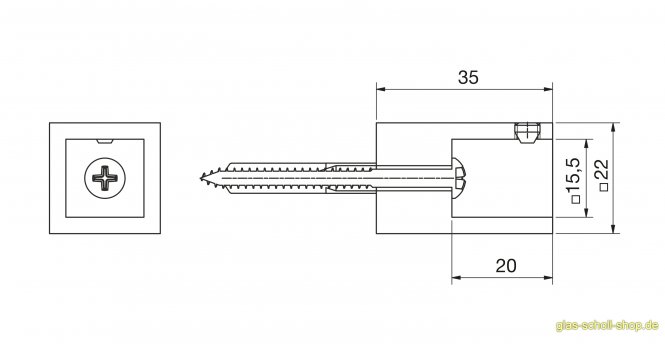 stumpfer 90° Wandadapter für quadr. Stabilisierungsstange 15x15 GLAS-WAND glanzverchromt
