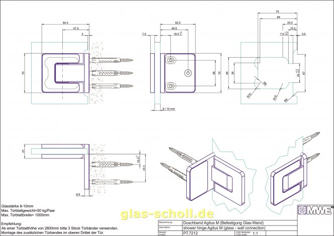 MWE Agitus-M Pendeltürband 90° Glas-Wand einseitiger Anschraublasche Edelstahl geschliffen