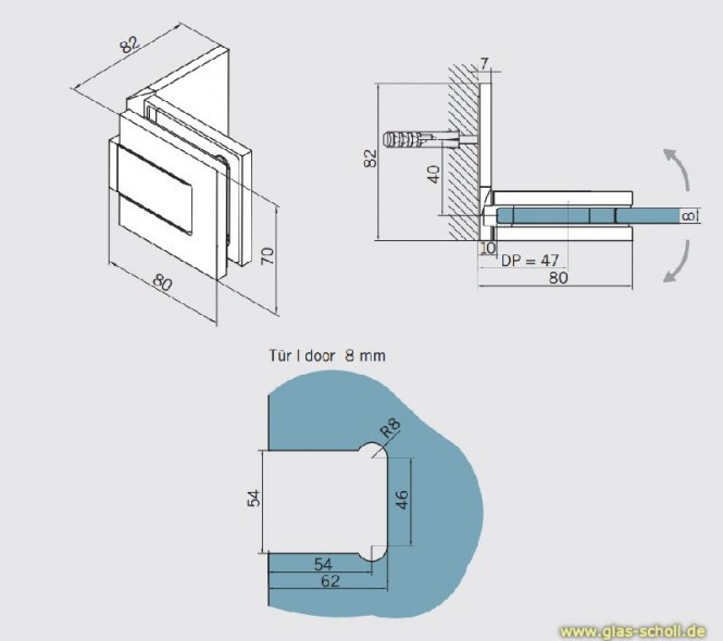 GRAL BF112 Glas-Wand Pendeltürbeschlag 90° eins.Lasche glanzverchromt