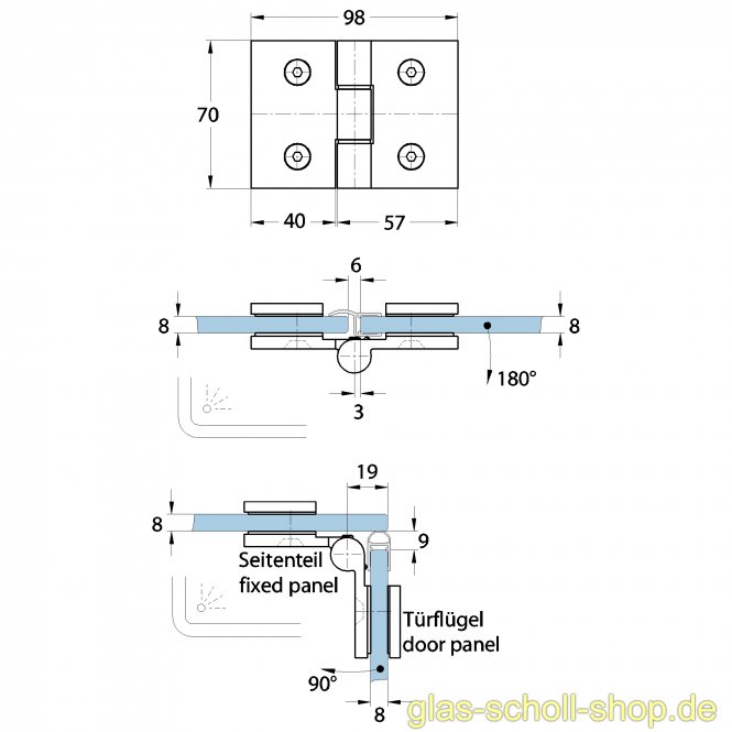 Wellness PREMIUM Glas-Glas DIN links 180Grad Duschtürband (nach innen öffnend) glanzverchromt