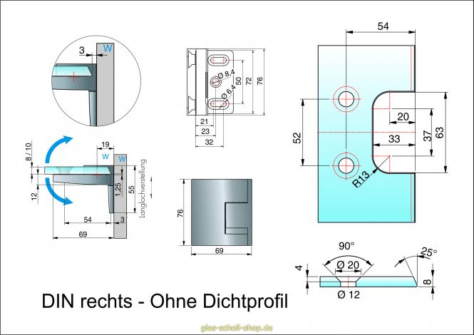 Pavone flächenbündiges Hebe-Senk-Pendel Duschtürband Glas-Wand 90° Anschraublasche außen 