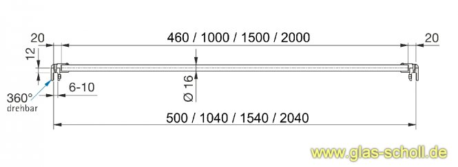 Runde Stabilisierungsstange GLAS-GLAS Varianten 0,46-1,5m (kürzbar) 1,00m glanzverchromt (MS7)